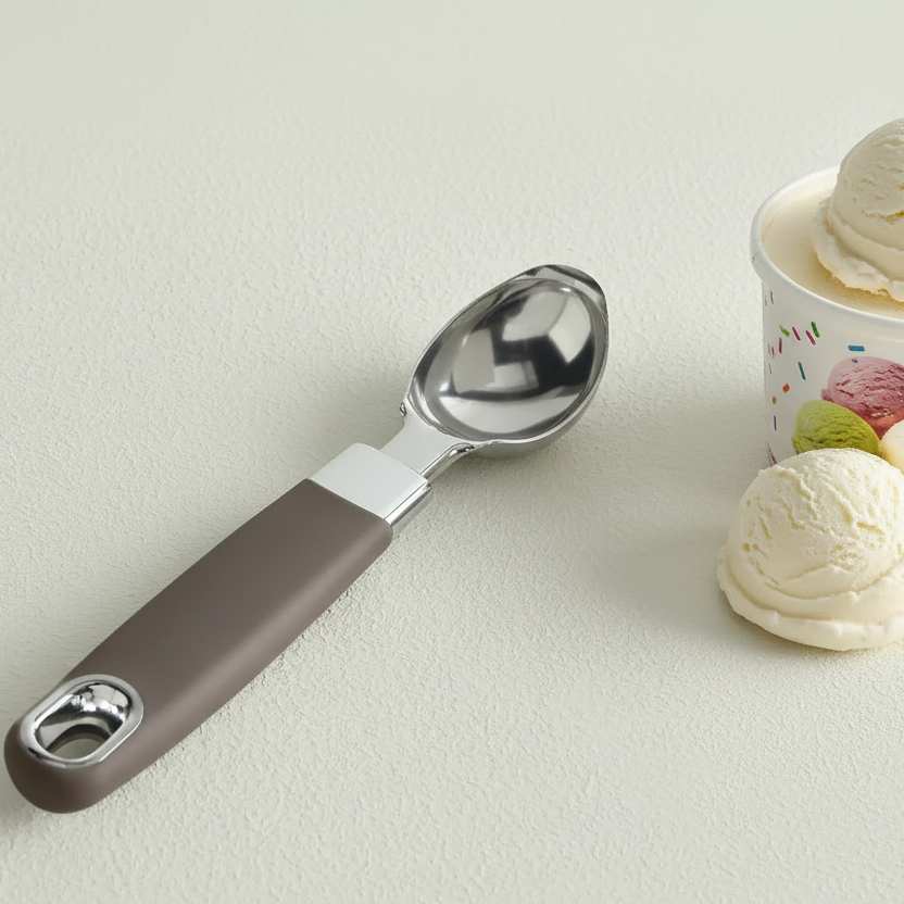 Premium Stainless Steel Ice Cream Scoop with Ergonomic Brown Handle
