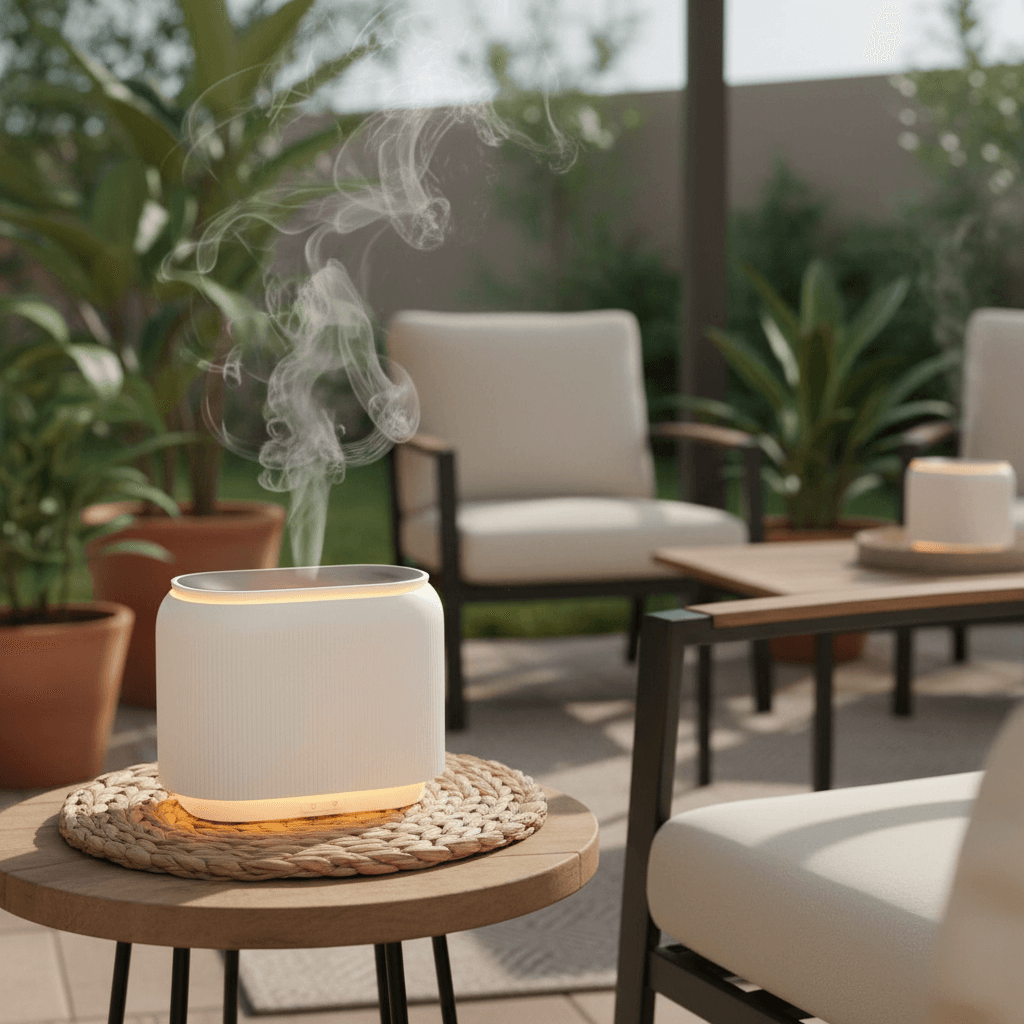 White diffuser emitting steam on a wooden table with outdoor furniture and plants in the background
