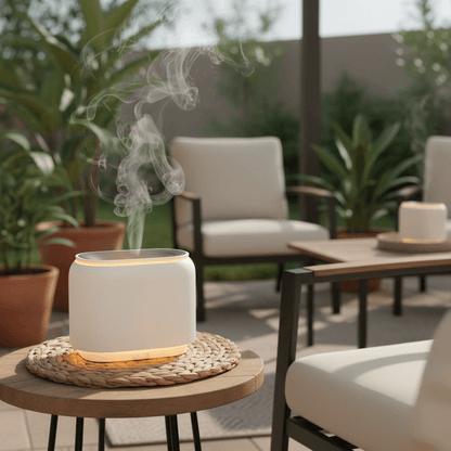 White diffuser emitting steam on a wooden table with outdoor furniture and plants in the background