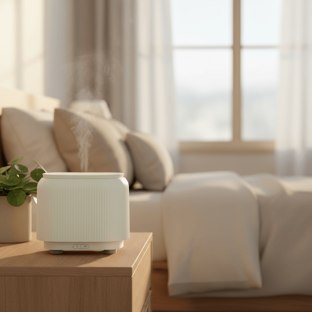 White diffuser on a wooden table with a blurred living room background