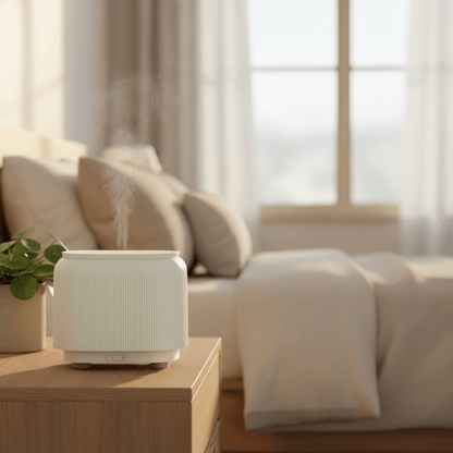 White diffuser on a wooden table with a blurred living room background
