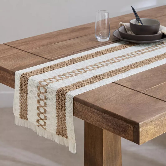 Rustic Farmhouse Blend Table Runner with Fringe - Natural Woven Design