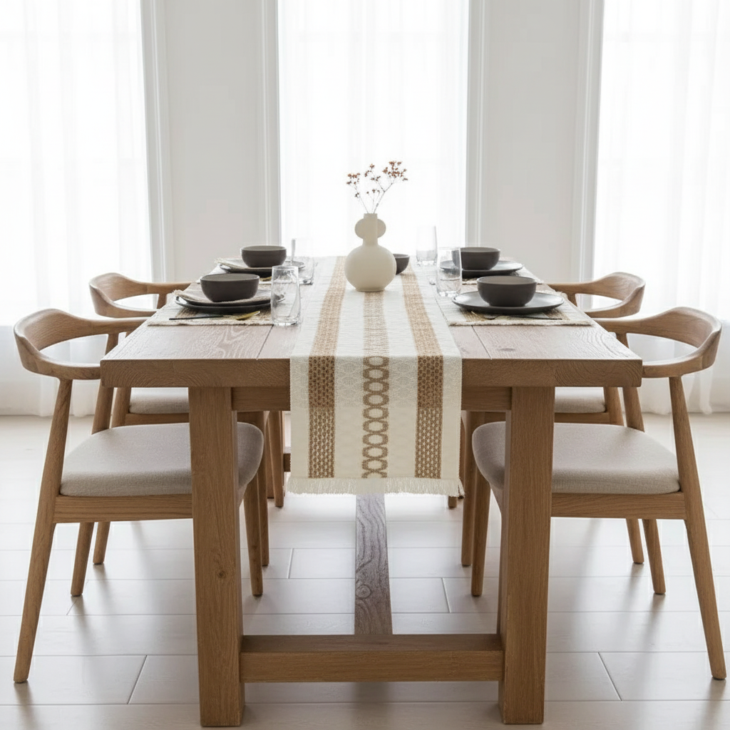 Rustic Farmhouse Blend Table Runner with Fringe - Natural Woven Design