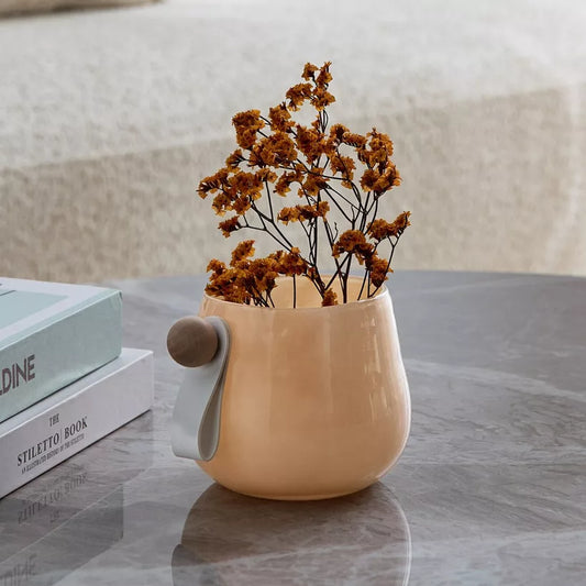 Modern Nordic Peach Glass Vase with Leather & Wood Accent