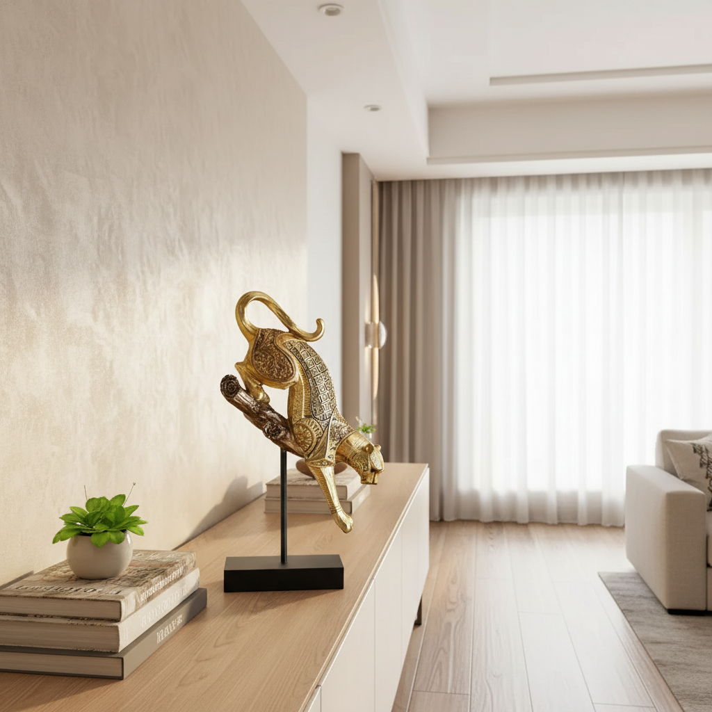 Decorative gold sculpture on a stand in a modern living room.