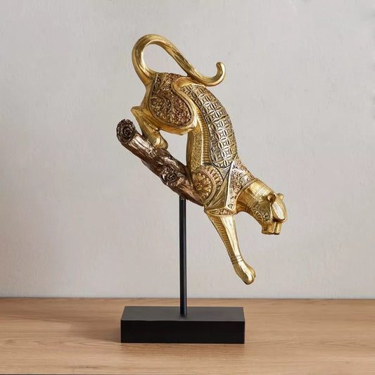 Regal Golden Leopard on Branch Sculpture