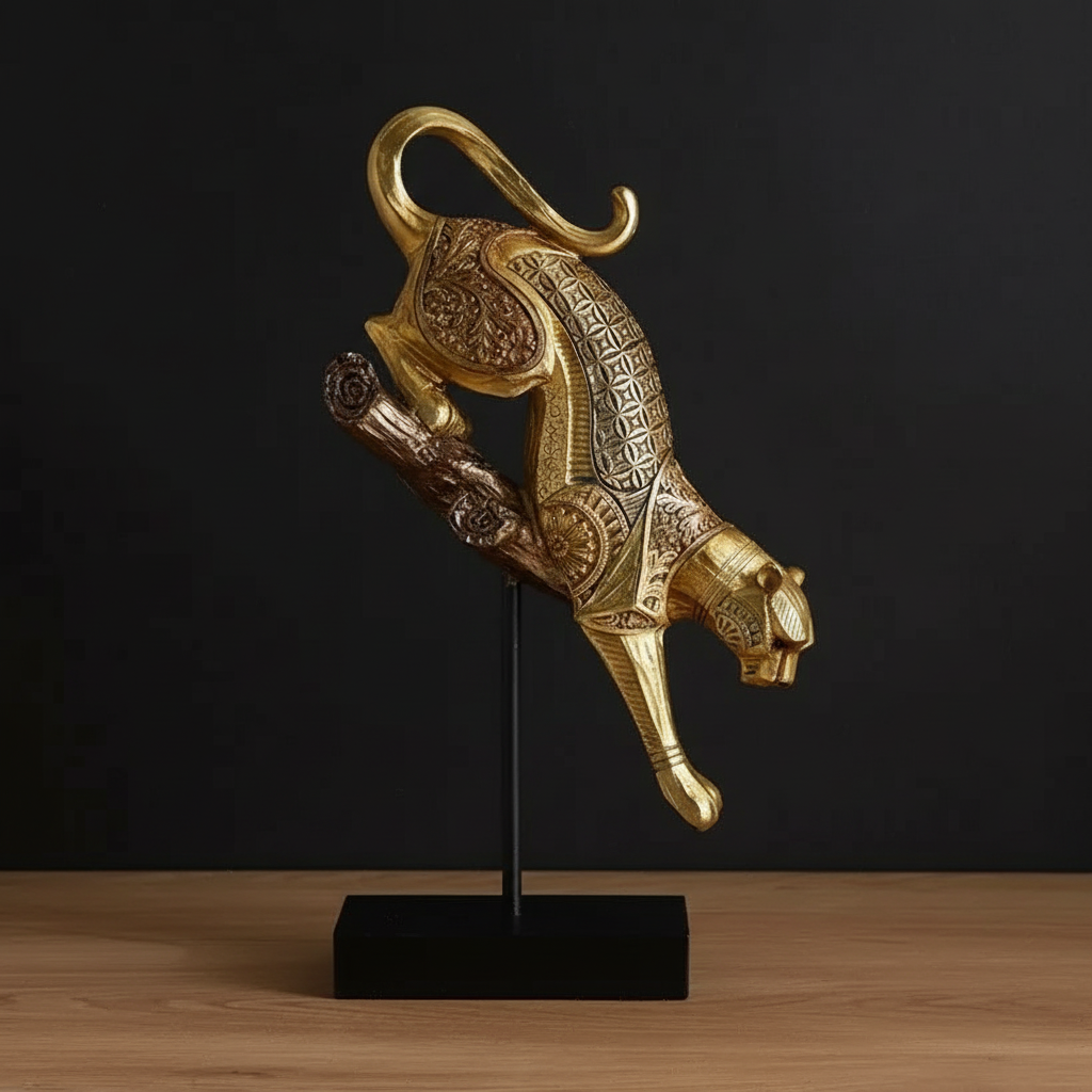 Gold panther sculpture on a black stand against a dark background