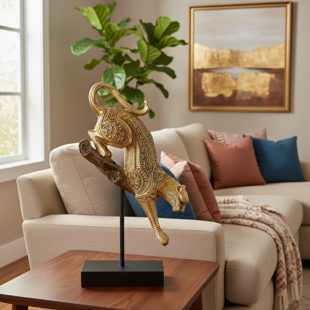 Decorative gold sculpture on a stand in a living room setting with a couch and plant.