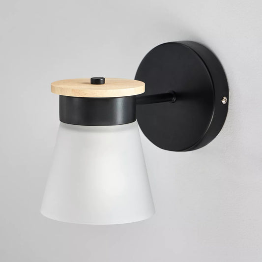 Modern Industrial Wall Sconce with Wood Accents and Frosted Shade