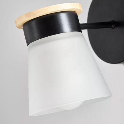 Modern Industrial Wall Sconce with Wood Accents and Frosted Shade