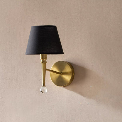 Chic Brass Metal Wall Sconce with Black Shade & Crystal Accent