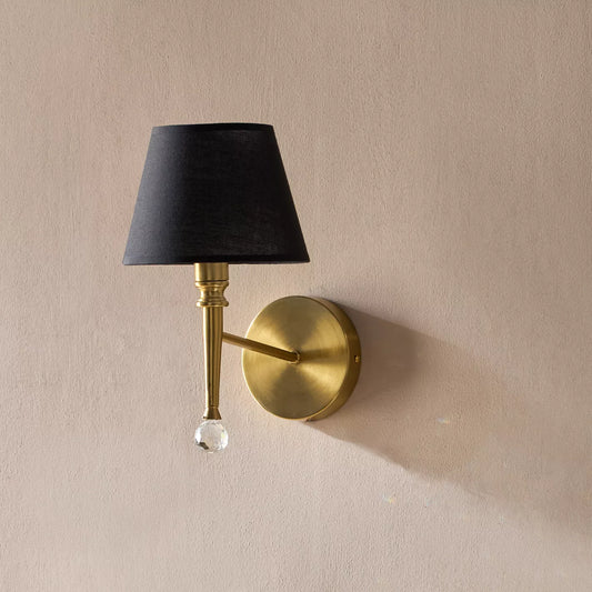 Chic Brass Metal Wall Sconce with Black Shade & Crystal Accent