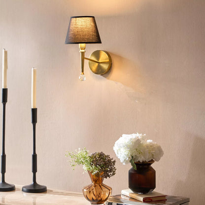 Chic Brass Metal Wall Sconce with Black Shade & Crystal Accent