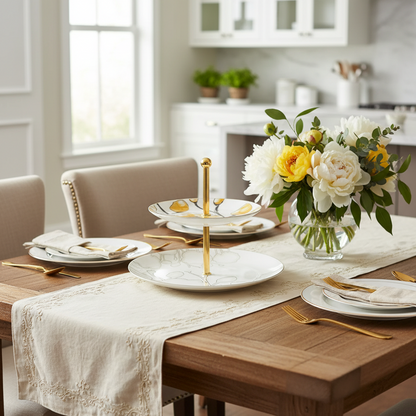 Artistic Two-Tier Dessert Stand with Abstract Floral Design & Gold Accents