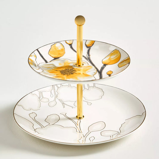 Artistic Two-Tier Dessert Stand with Abstract Floral Design & Gold Accents
