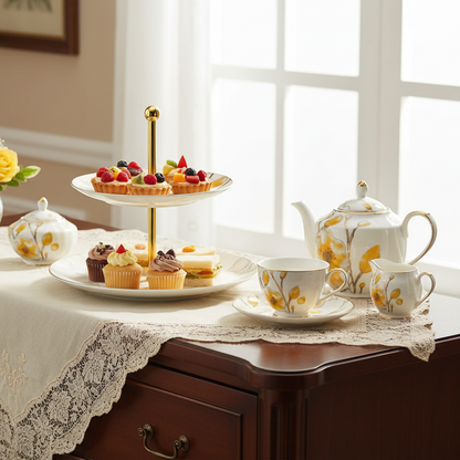 Tea set with teapot, cups, and pastries on a lace tablecloth in a bright room.