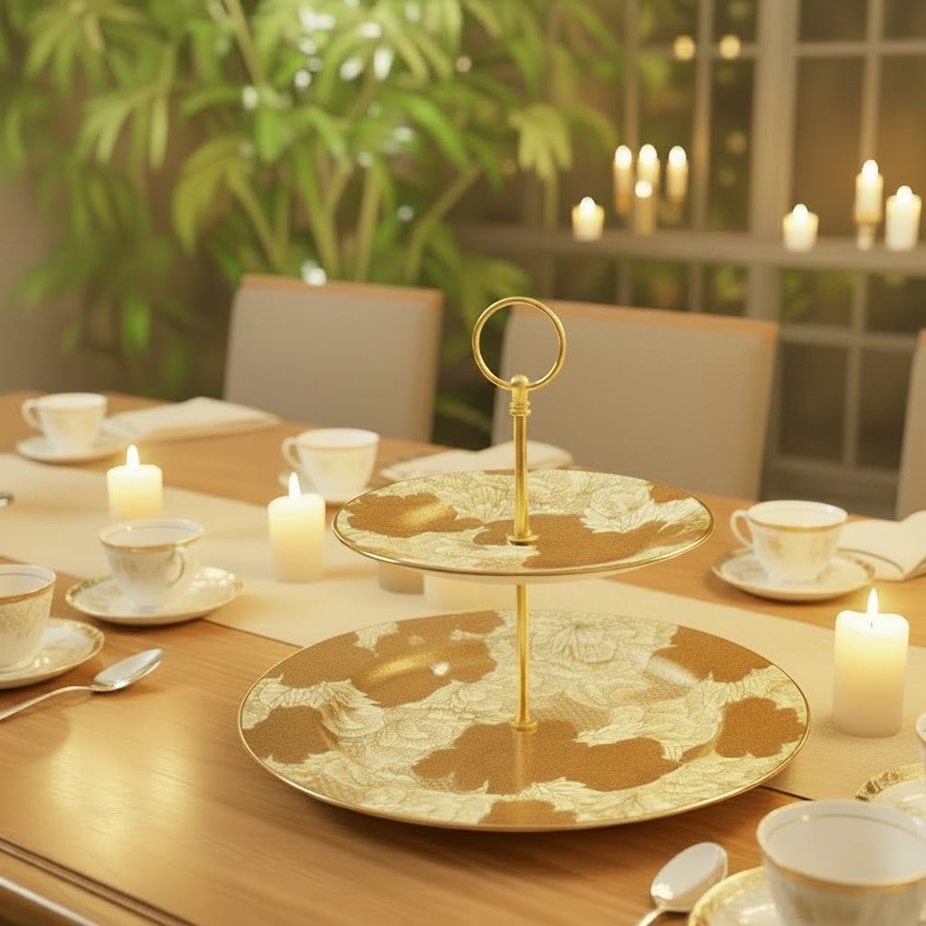 A two-tiered gold and beige patterned serving stand on a wooden dining table, surrounded by lit candles, teacups, and floral arrangements in a warm, elegant setting.