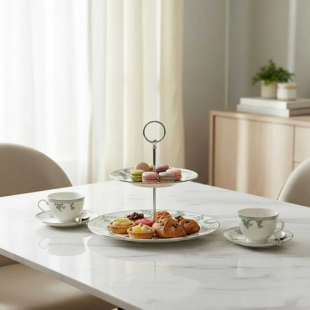 A two-tiered metal stand holding assorted pastries and macarons sits on a white marble table in a bright dining or tea room setting. Matching teacups and saucers, a floral vase with white and blue flowers, and upholstered chairs are visible in the softly lit room.