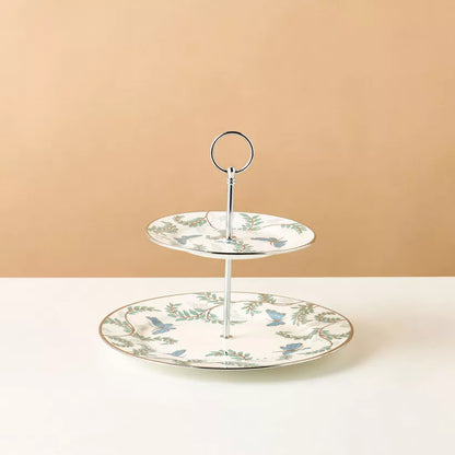 Charming Two-Tier Ceramic Dessert Stand with Butterfly & Foliage Design
