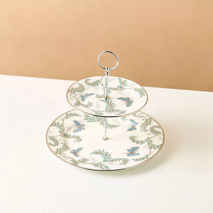Charming Two-Tier Ceramic Dessert Stand with Butterfly & Foliage Design