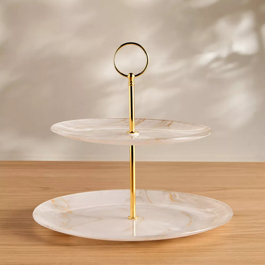 Modern Two-Tier Marble-Effect Glass Dessert Stand with Gold Accents