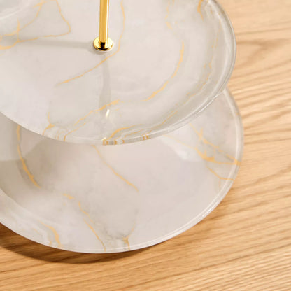 Modern Two-Tier Marble-Effect Glass Dessert Stand with Gold Accents