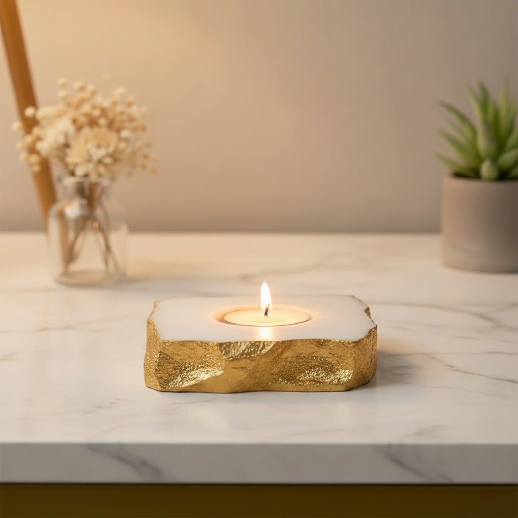 Luxurious Marble & Gold Leaf Tealight Holder