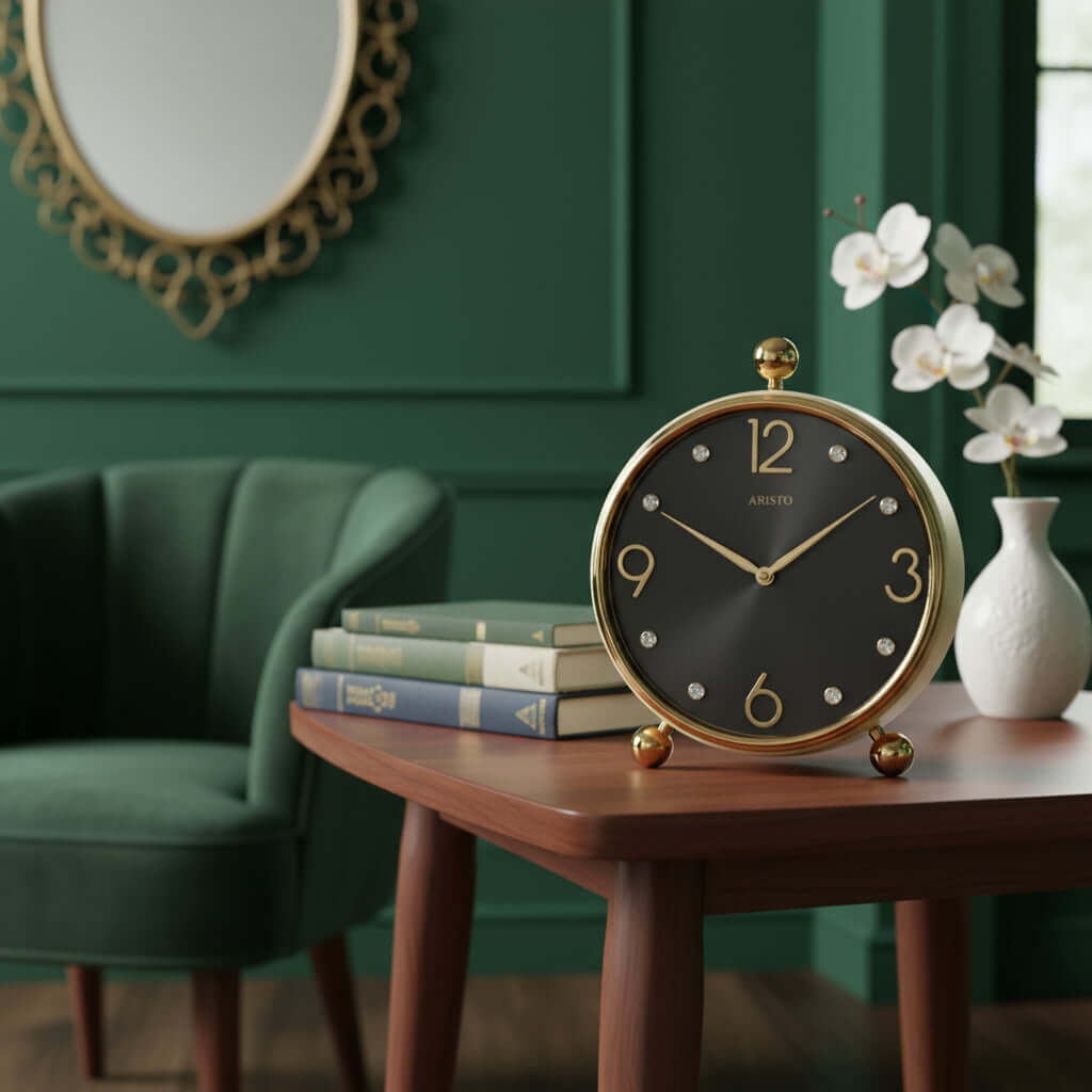 Decorative clock with gold frame and black face on a white background