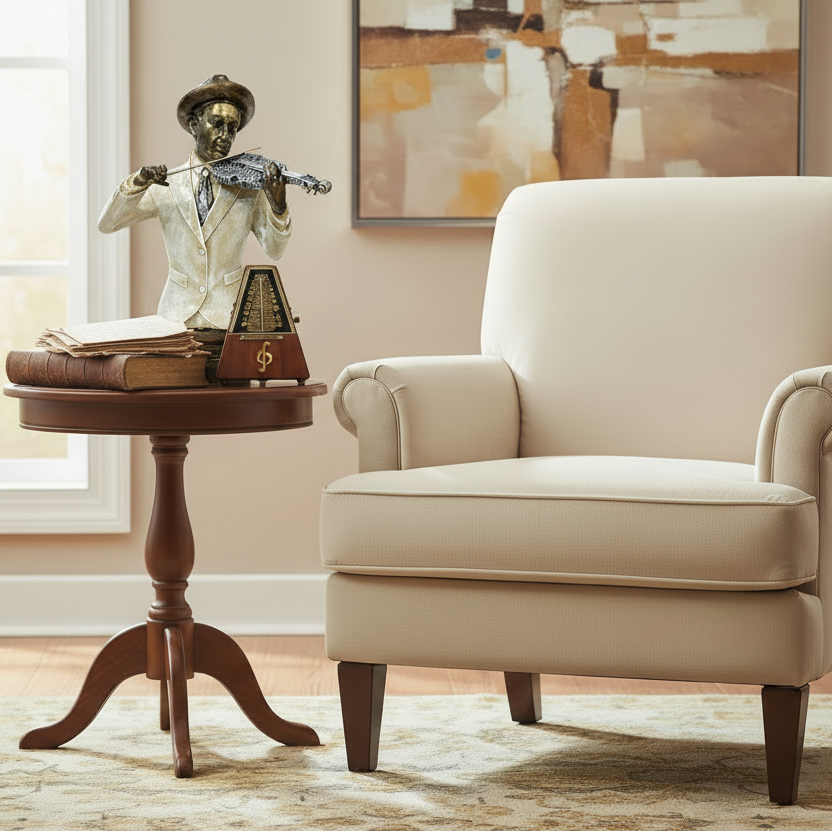 Beige armchair in a room with a wooden side table and decorative items.