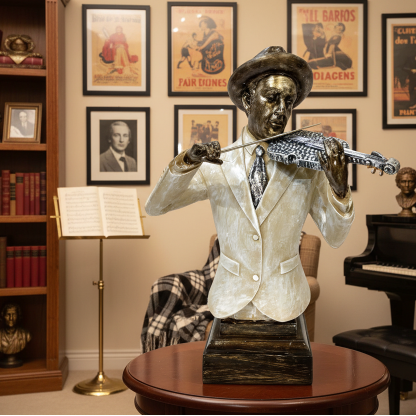 Statue of a man playing a violin in a room with books and a piano
