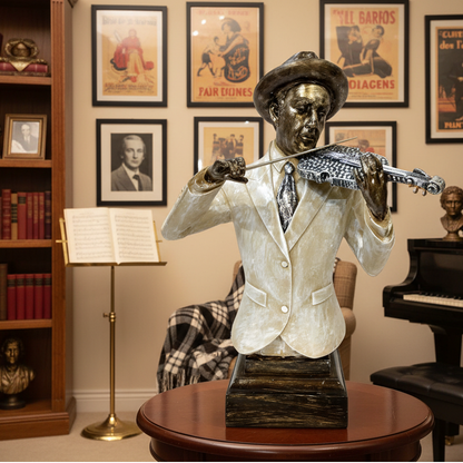 Statue of a man playing a violin in a room with books and a piano