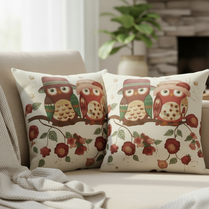 Whimsical Woodland Romance: Adorable Owl Couple Cushion Cover