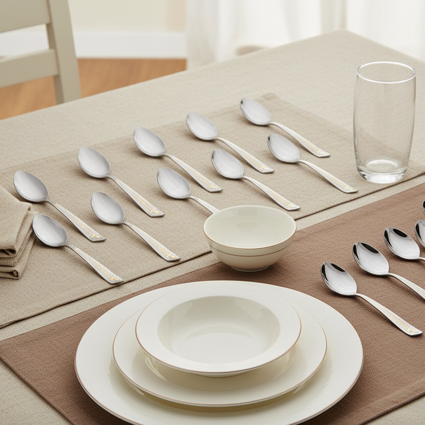 Dining table setting with white ceramic bowls, silver spoons, and a glass on a beige placemat.