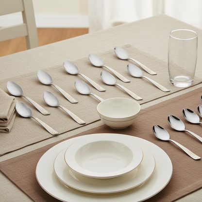 Dining table setting with white ceramic bowls, silver spoons, and a glass on a beige placemat.