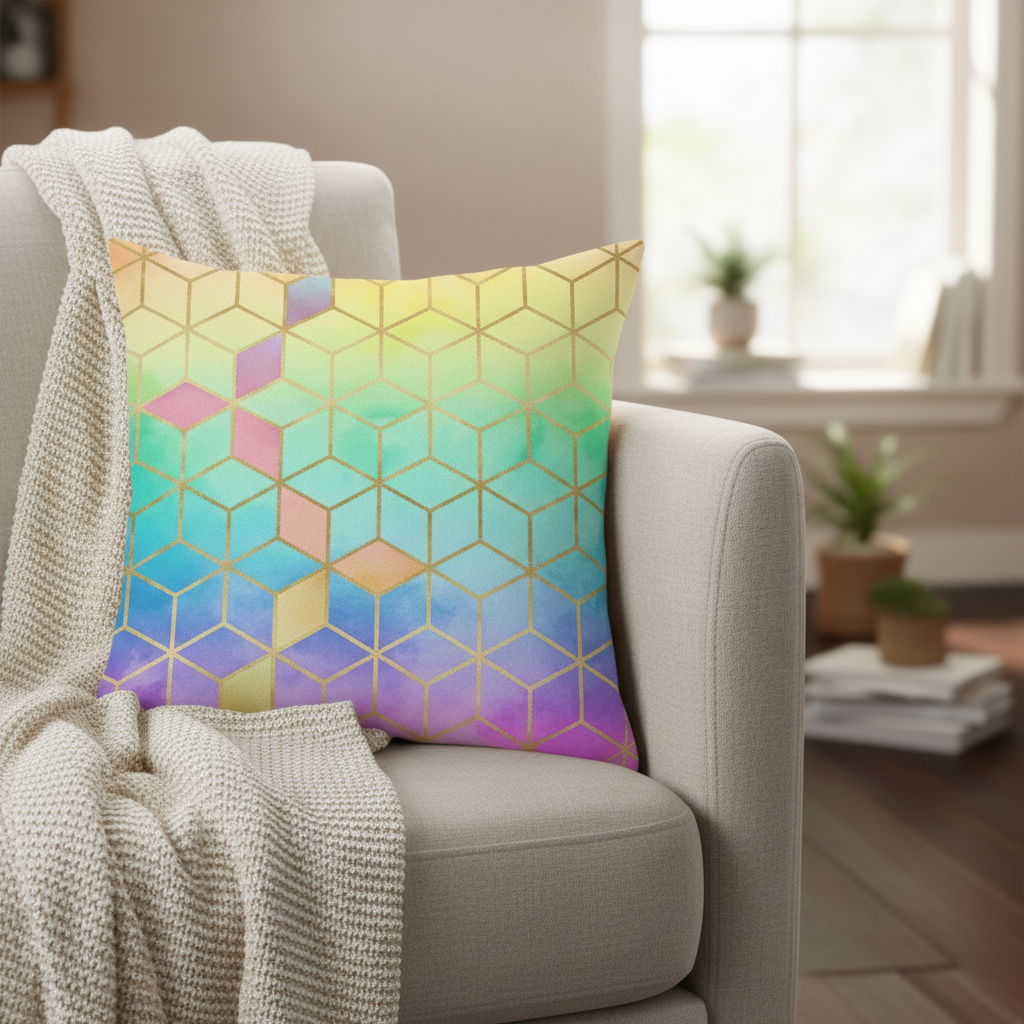 Decorative pillow with geometric pattern on a chair in a living room setting