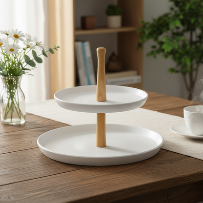 Modern Nordic 2-Tier Cupcake Stand – White Speckled Ceramic Plates with Natural Wood Handle