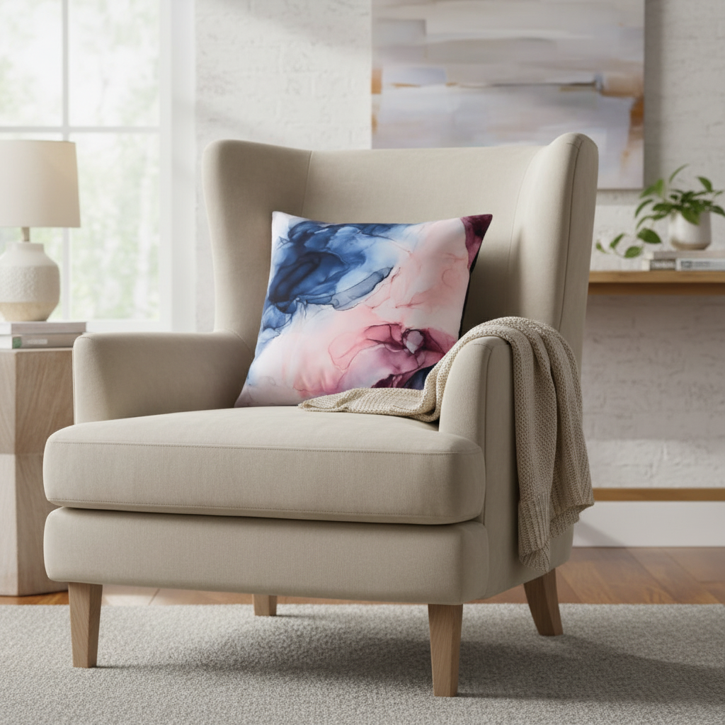 Beige armchair with a floral pillow in a living room setting