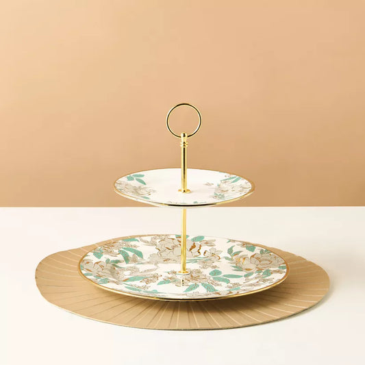 Elegant Two-Tiered Floral Cupcake Stand – Ceramic Dessert Server with Gold Accents for Afternoon Tea & Parties