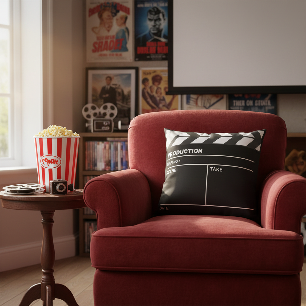 Red armchair with a clapperboard pillow, popcorn, and movie memorabilia in a cozy room.
