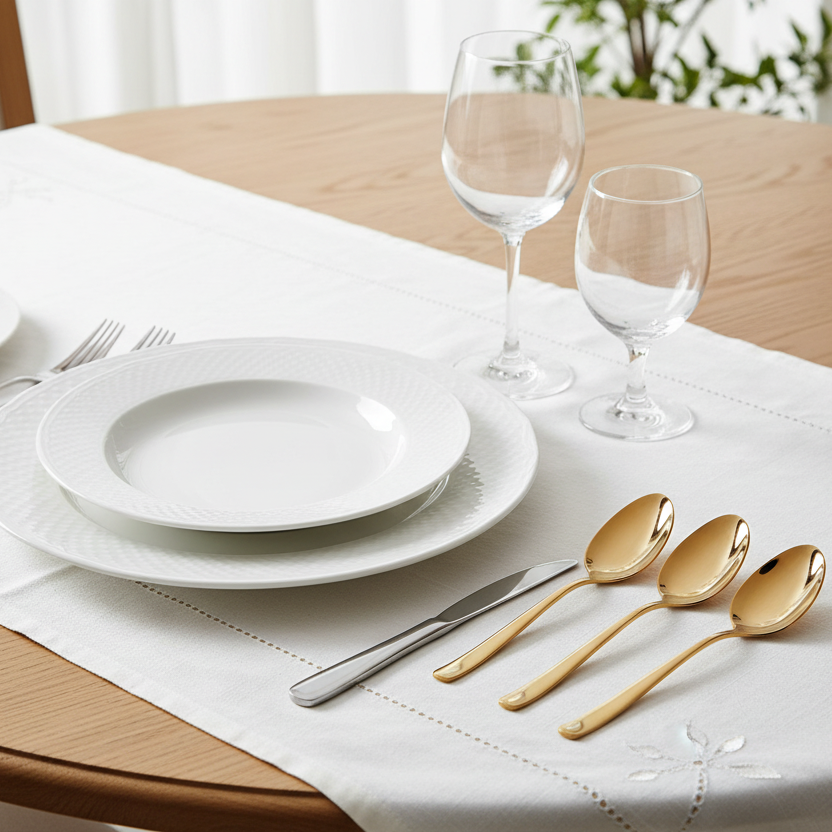 Dining table setting with white plates, gold and silver cutlery, and wine glasses on a white tablecloth.