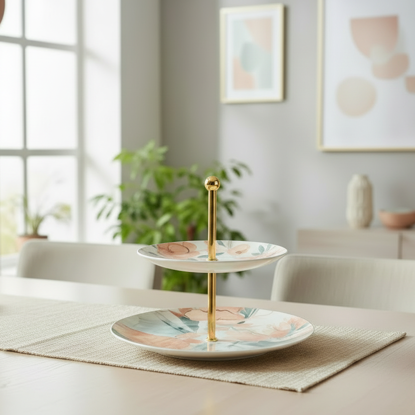 Two-tiered ceramic serving tray with gold stand on a dining table in a bright room with large windows.