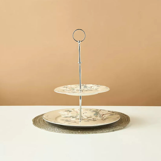 Elegant Two-Tiered Floral Cupcake Stand – Porcelain Dessert Server with Silver Accents for Afternoon Tea