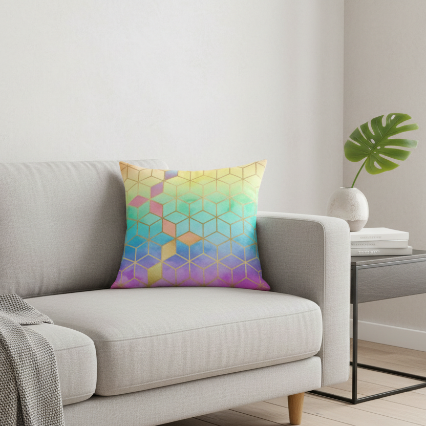 Colorful geometric pillow on a gray sofa in a living room setting.