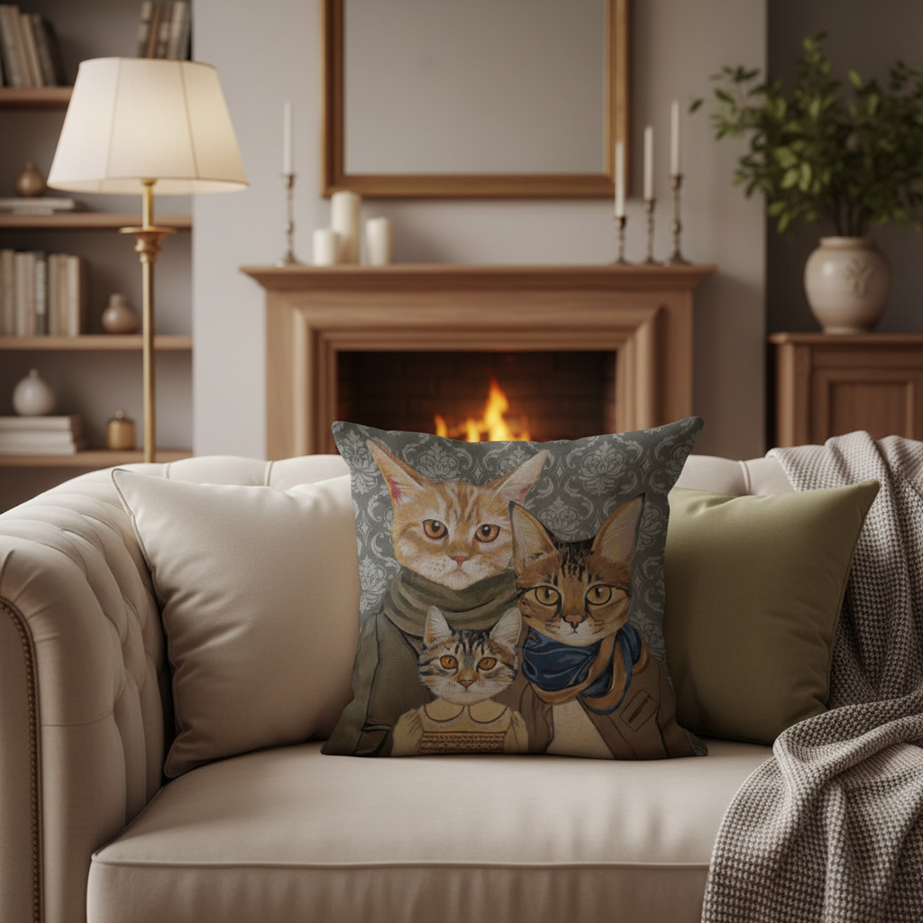 Feline Family Portrait: Whimsical Dressed Cat Cushion Cover