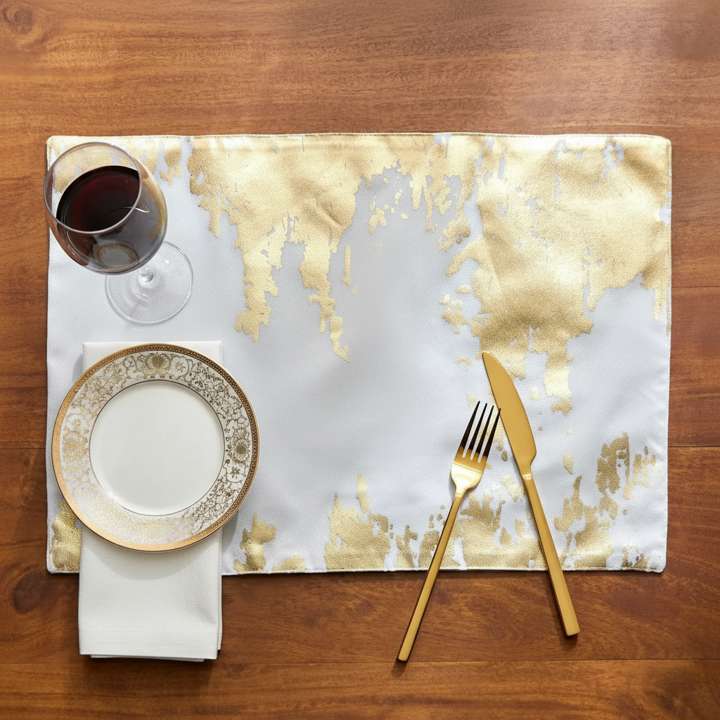 Elegant table setting with gold and white decor on a wooden table.