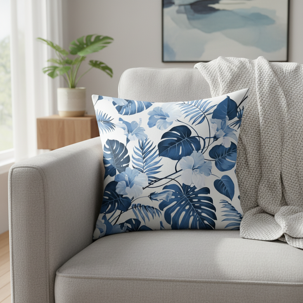Decorative pillow with blue leaf pattern on a gray sofa in a living room setting.