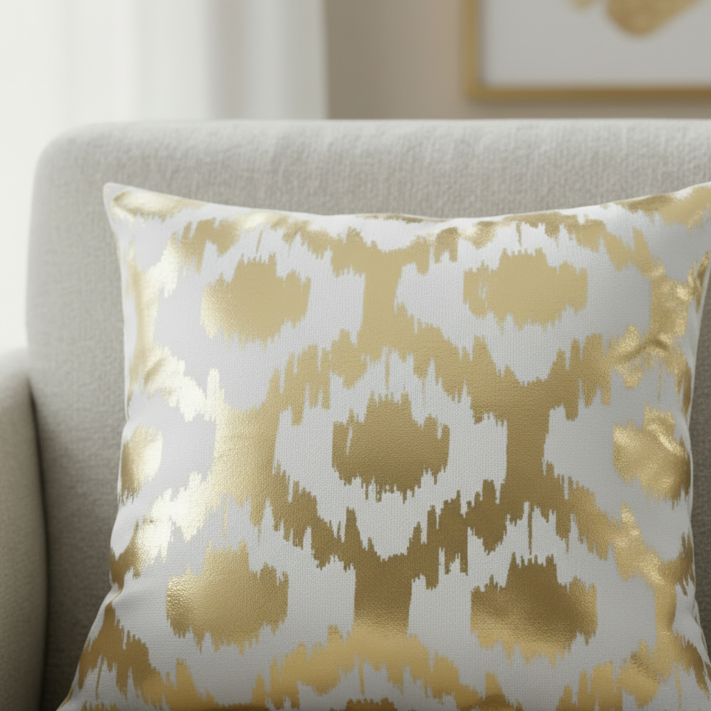Glamorous Gold & White Ikat Pattern Cushion Cover - Metallic Accent Pillow Cover