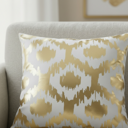 Glamorous Gold & White Ikat Pattern Cushion Cover - Metallic Accent Pillow Cover