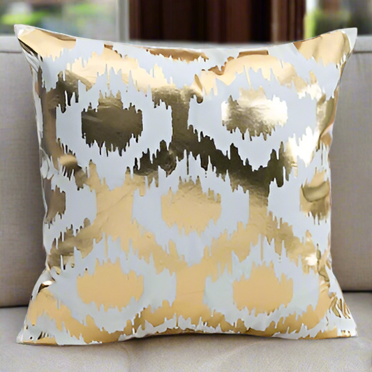 Glamorous Gold & White Ikat Pattern Cushion Cover - Metallic Accent Pillow Cover