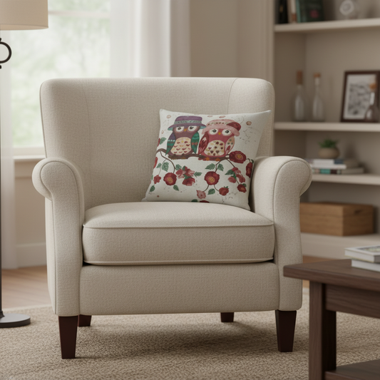 Whimsical Woodland Romance: Adorable Owl Couple Cushion Cover